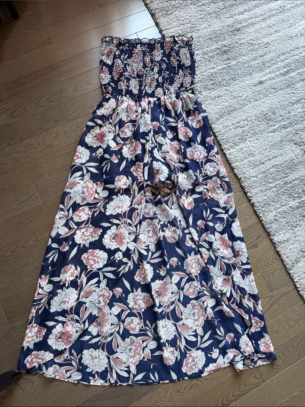 Navy Floral Smocked Strapless Maxi Dress/shorts